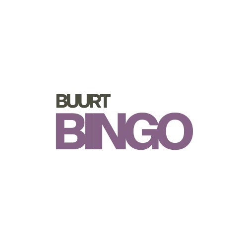 Logo met de tekst BUURT BINGO, BUURT in neutrale kleur boven BINGO in paarse letters, strak ontwerp