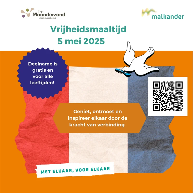 Flyer voor vrijheidsmaaltijd op 5 mei 2025 met oranje achtergrond, vlagvorm en duif met element